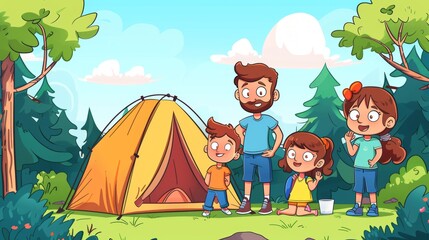 Cartoon vector Parents and kids setting up a tent at a campsite surrounded by trees and a clear blue sky