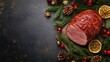 © Johannes - 'delicious ham grey table top view space text christmas nner background baked celebration cooked copy cut dinner dish eat eve feast festive flat food fresh glazed epicure holiday homemade ingredient'