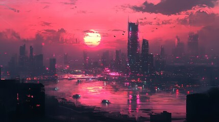 Canvas Print - A beautiful painting of a cyberpunk city at night with a pink sky and glowing lights.