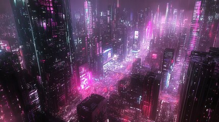 Canvas Print - A cyberpunk city with neon lights. The city is full of skyscrapers and the streets are filled with people.