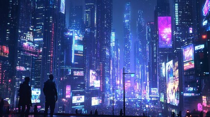 Canvas Print - A cyberpunk city with neon lights. The city is full of skyscrapers and the streets are filled with people.