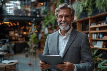 Sticker - Smiling man in a suit holds a tablet.