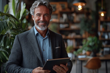 Sticker - Smiling man in a suit holding a tablet.