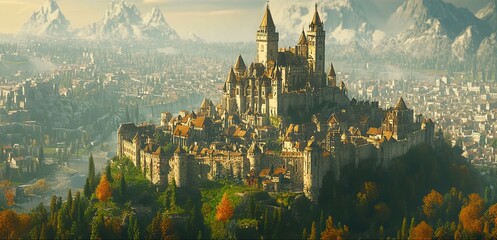 Canvas Print - An aerial view of a medieval castle surrounded by a city and snowy mountains in the background.