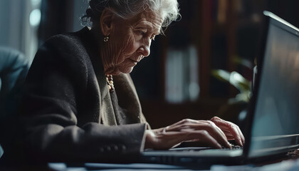 Wall Mural - A woman in a black suit is typing on a laptop