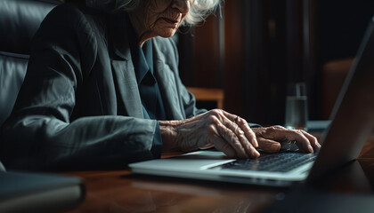 Wall Mural - An elderly woman is typing on a laptop computer