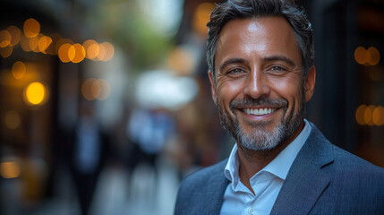 Wall Mural - A man in a suit smiles brightly while walking on a city street.