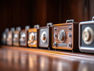 A collection of vintage radios arranged in a row, showcasing their nostalgic design and wooden finish.