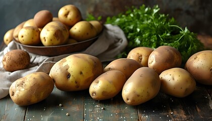 Rustic table adorned with an assortment of fresh raw potatoes