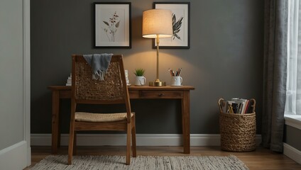 Wooden chair with modern lamp and clean decor for study area.