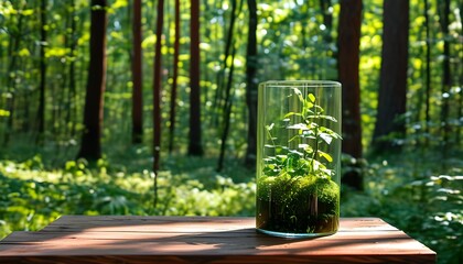 Wall Mural - Enchanting terrarium basking in sunlight on a rustic wooden table amidst a vibrant forest setting