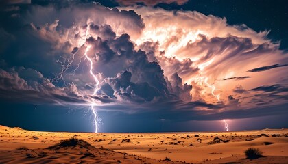 Dramatic lightning storm illuminating a vast desert landscape under a tumultuous sky