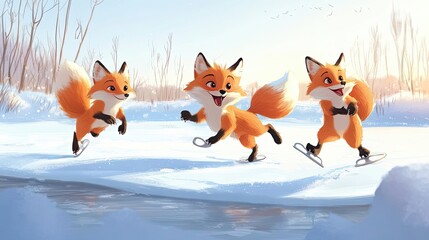 Canvas Print - Three Cartoon Foxes Ice Skating on a Frozen Lake