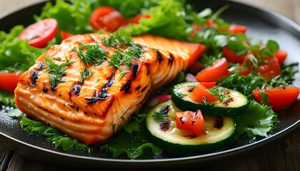 Wall Mural - Grilled salmon served with a vibrant assortment of fresh vegetables for a nutritious dining experience