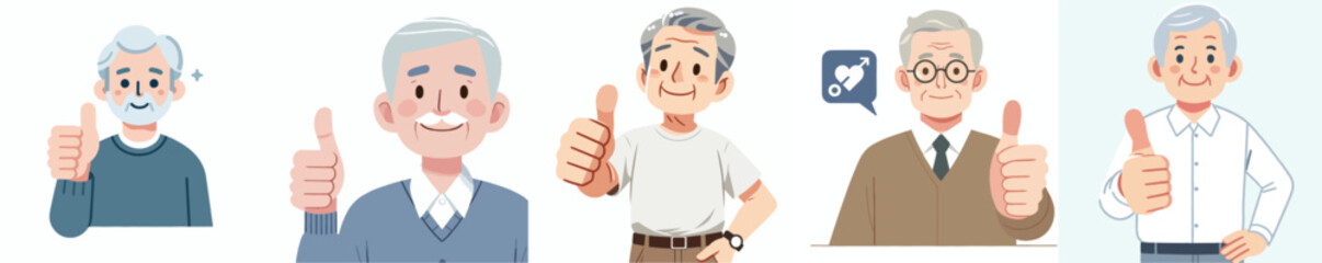 vector set of grandfather expressing thumbs up in flat design style