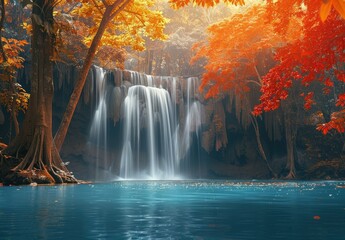 Wall Mural - Waterfall in Lush Jungle with Autumn Leaves