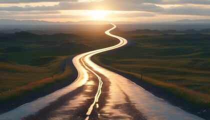 serene cinematic landscape featuring a long winding road stretching towards a distant horizon under a vibrant sky