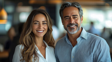 Sticker - Smiling couple looking at the camera in an office setting.