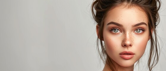 Wall Mural - Close-Up Portrait of a Young Woman with Freckles