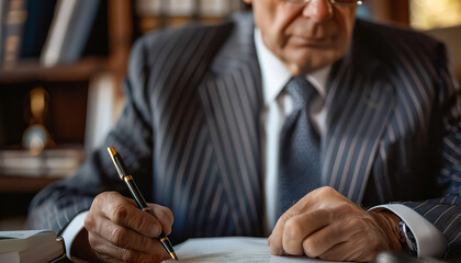 Wall Mural - A man in a suit is writing in a book