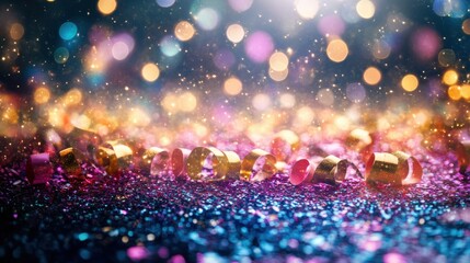 Sticker - The celebration of the new year 2025 shines with glitter and lights, surrounded by colorful confetti and decorations.