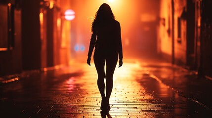 Wall Mural - Silhouette of a young woman walking home one night through the city streets, scared by a stalker and being attacked, insecurity concept