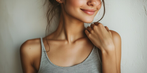 Wall Mural - Close up of a woman in a grey tank top holding her shoulder with one hand, generative AI