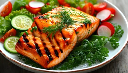 Wall Mural - Grilled salmon served with a vibrant assortment of fresh vegetables for a nutritious dining experience