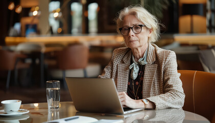 Canvas Print - A woman in a yellow jacket is sitting at a table with a laptop in front of her