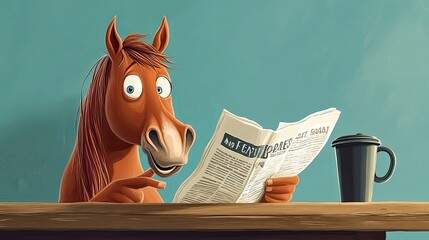 A brown horse reading a newspaper with a mug of coffee on a wooden table.