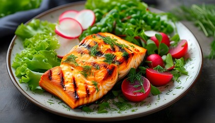 Wall Mural - Grilled salmon served with a vibrant assortment of fresh vegetables for a nutritious dining experience