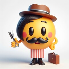 Wall Mural - 3D Happy one mustachioed emoji as a barber , white background