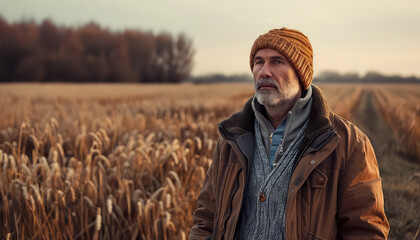 Wall Mural - A man in a brown jacket stands in a field of tall grass