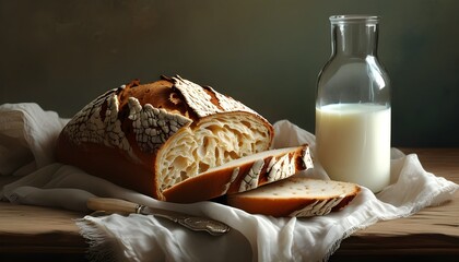 Wall Mural - Charming still life featuring a loaf of bread beside a glass of milk