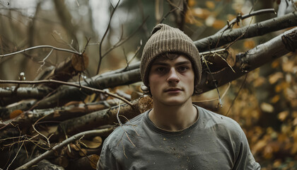 Sticker - A man wearing a hat and a blue shirt stands in front of a pile of wood