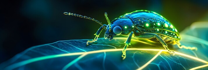 Sticker - A neon beetle with a glowing shell in shades of green and blue slowly crawls across a glowing neon leaf