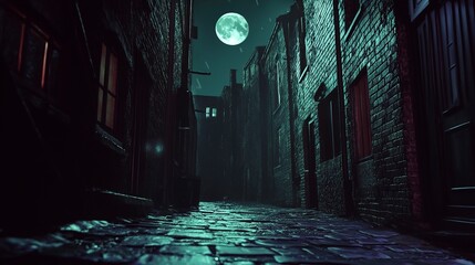 Canvas Print - A dark narrow street in a moonlit anonymous city.