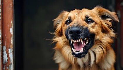 Wall Mural - Fierce guard dog confronts intruder, barking aggressively with bared teeth and bristling fur