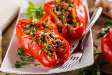 Poster - oven-baked bell peppers stuffed with minced beef and herbs