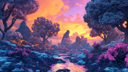 The fantasy digital artwork showcases a breathtaking landscape where vibrant, oversized trees rise majestically against a backdrop of a colorful sky. Rich hues of pink, purple, and orange blend seamle