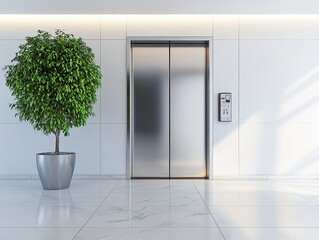 Realistic photo of an open modern silver stainless steel lift in the office building, with white walls and floor