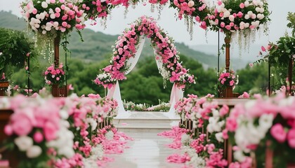 Wall Mural - Elegant church wedding adorned with pink and white floral arrangements