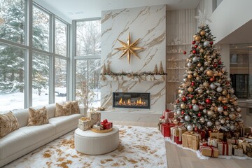 Wall Mural - Modern living room decorated for christmas with a large christmas tree and a fireplace