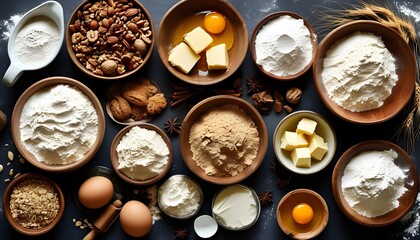 Artful display of diverse baking ingredients on a dark surface