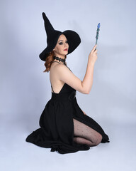 Wall Mural - Full length portrait of beautiful female red head model wearing  glamorous black witch dress with pointy hat halloween costume.  Kneeling pose  holding magical wand, casting spells.  isolated figure o