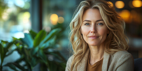 Canvas Print - Smiling woman with blonde hair looking at the camera.