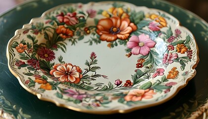 Wall Mural - Intricate Floral Design on Vintage Plate Captured in Stunning Close-Up