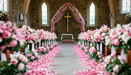 Wall Mural - Elegant church wedding adorned with pink and white floral arrangements