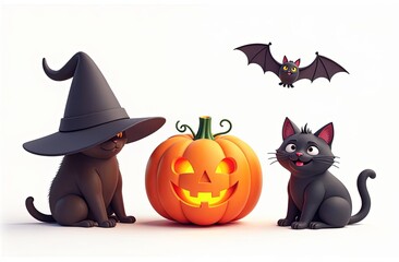 Wall Mural - Halloween 3D vector icon set. Halloween pumpkin, bat, witch hat