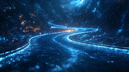 dynamic cosmic highway of blue light trails and fiery particles illustrates interstellar travel conc